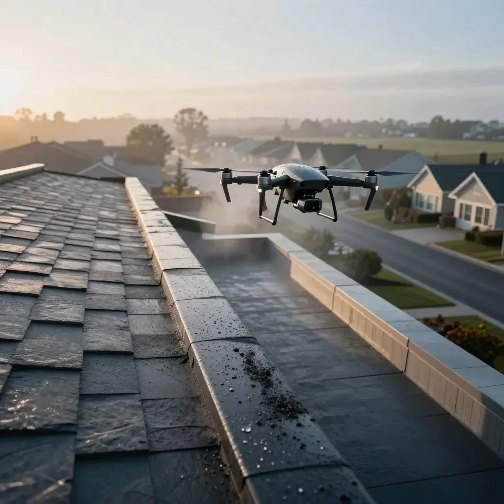 Drone rising from a wet suburban roof at sunrise with mist and distant homes.