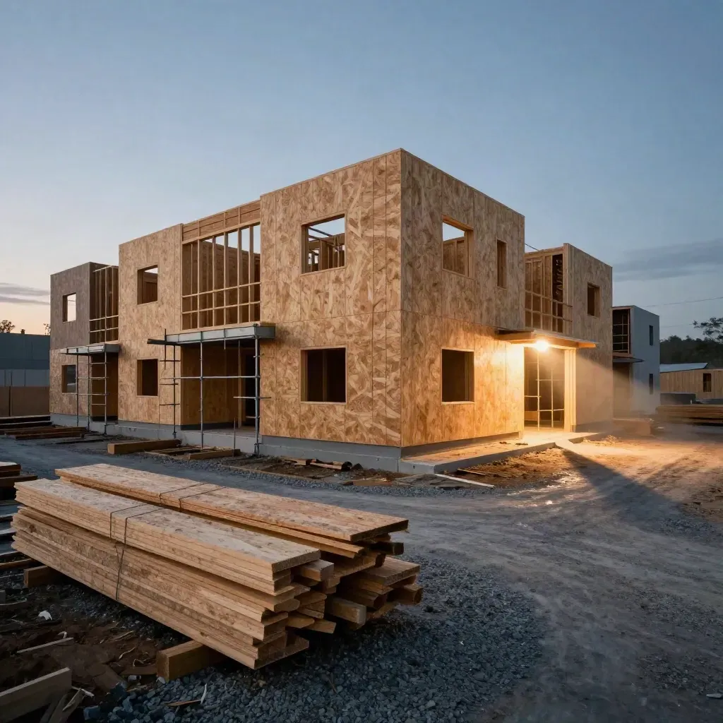 Blue-hour townhouse construction site with lumber, scaffolding, and a drone shadow across the lot
