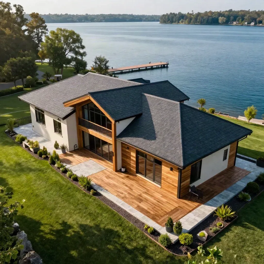 Aerial view of a luxury lakeside home with cedar deck and calm water.