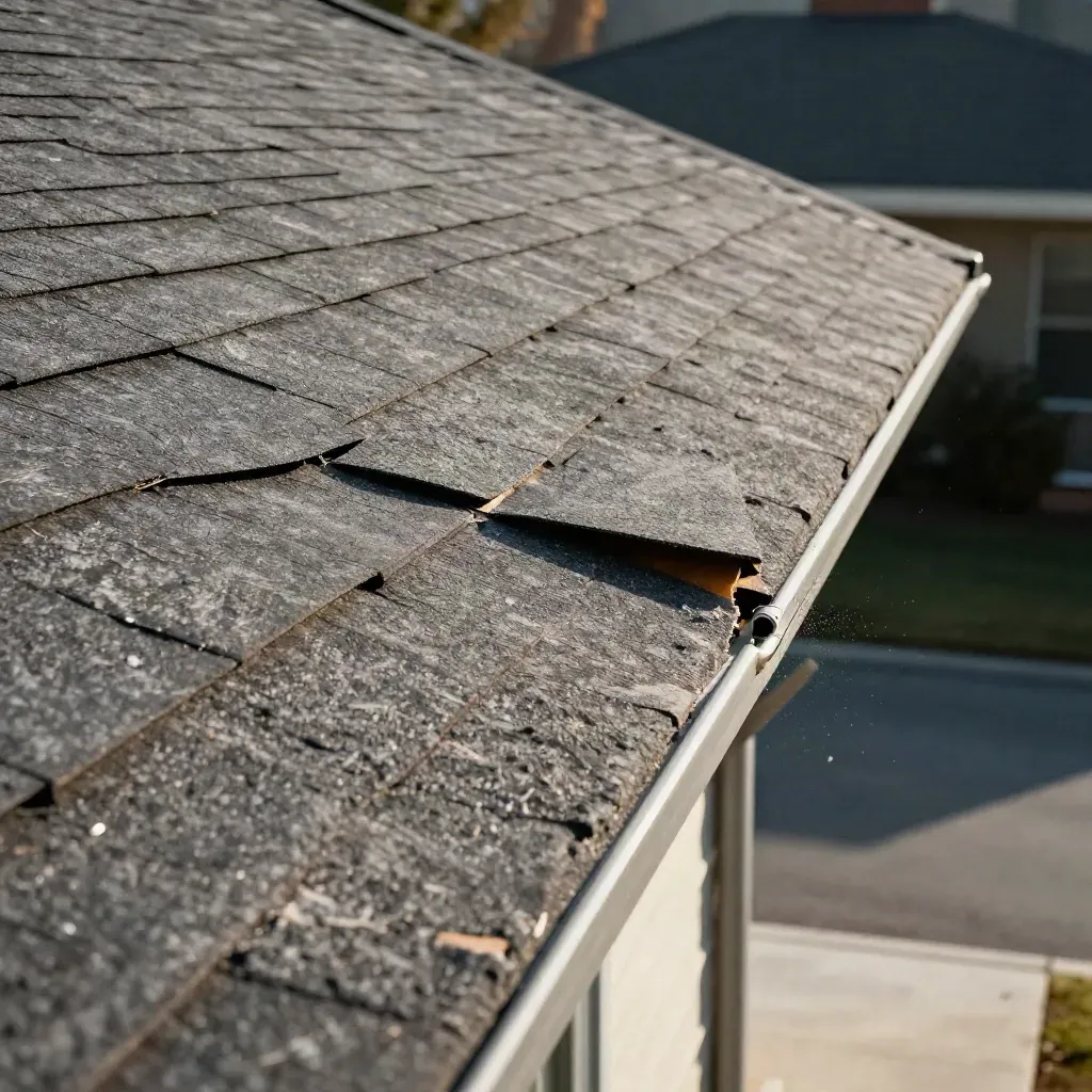 Damaged asphalt roof with lifted shingle, flashing, ridge vent, and gutter above a driveway.