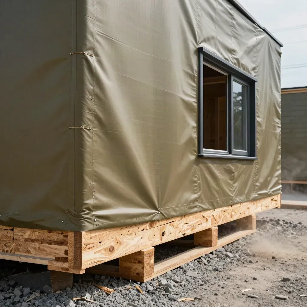 Macro of a wrapped townhouse build with siding stacks, window opening and dusty light.