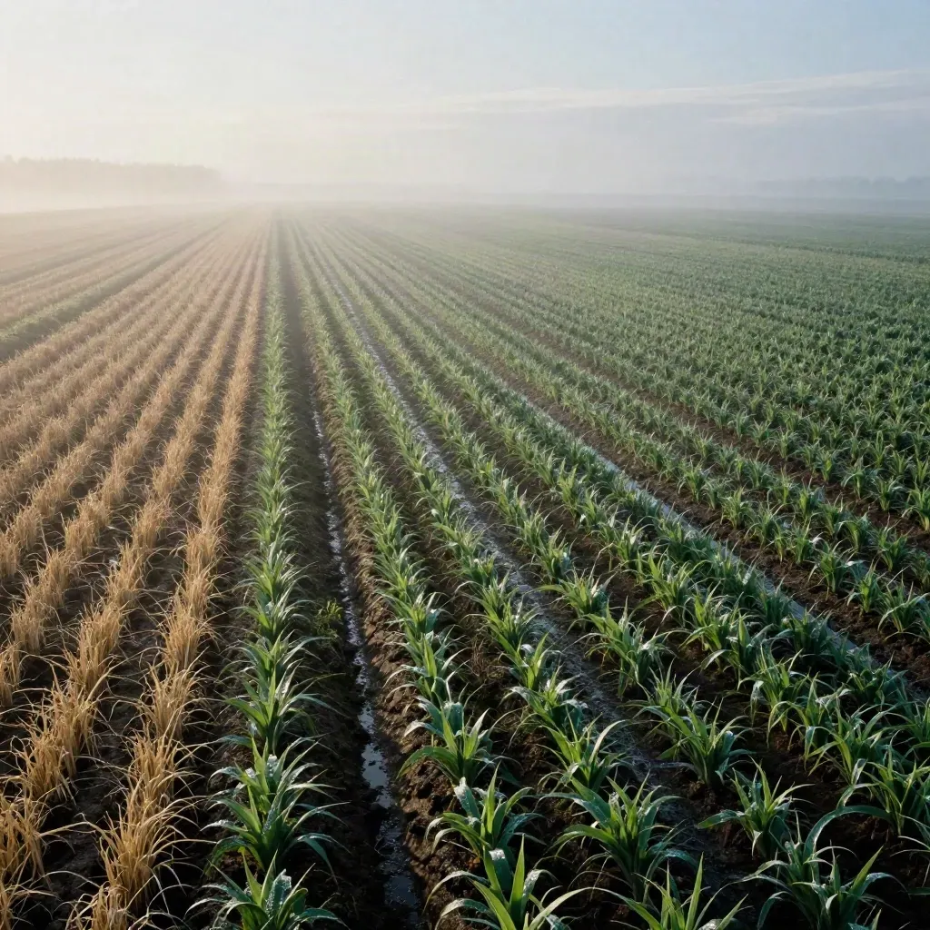 Morning aerial crop field scan with wet and dry rows, mist, drainage swale, and a drone shadow.
