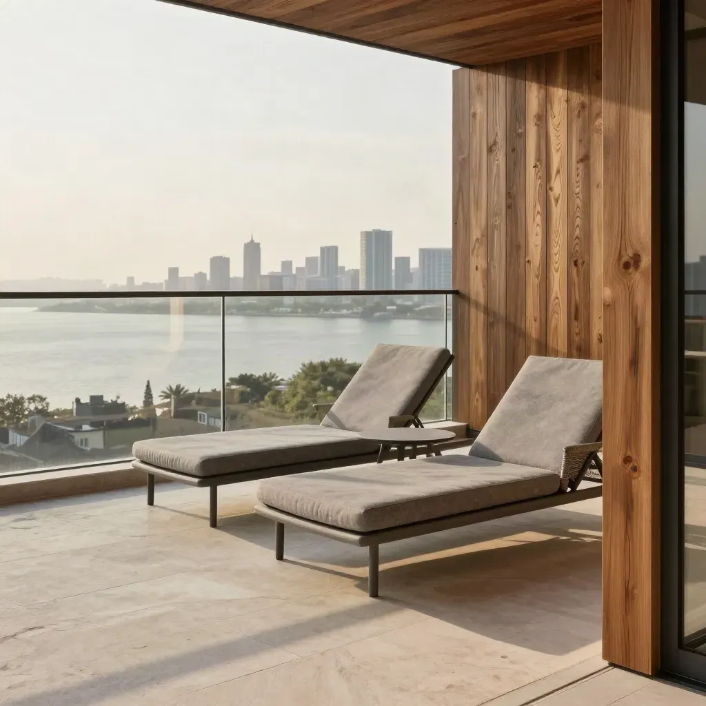 Bright condo terrace with glass railing, tidy chairs, and a wide skyline and water view.