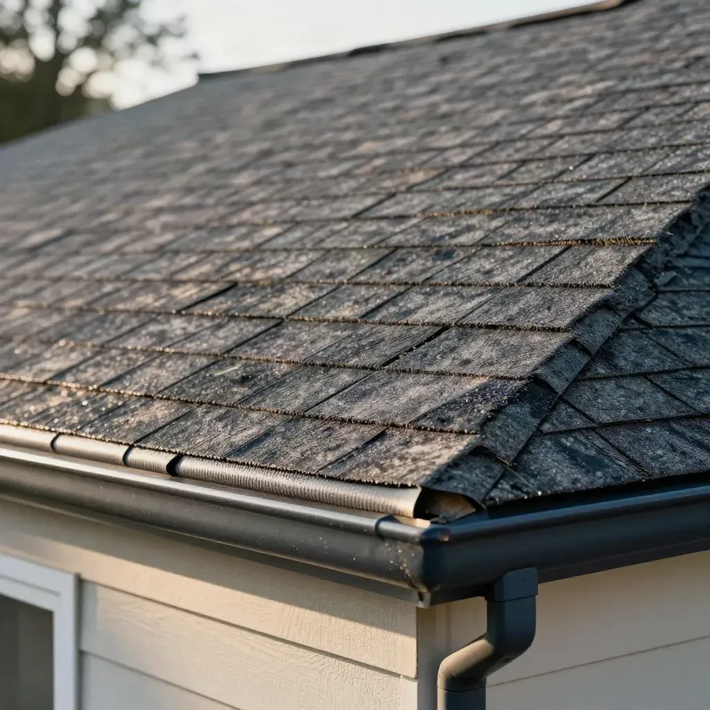 Roof patch, lifted flashing and clean gutter on a sunlit rooftop, shot low and close.