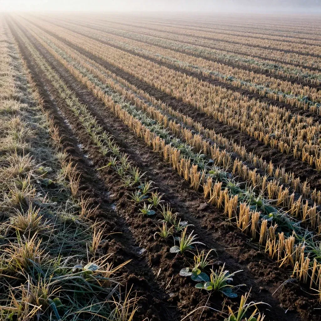 Misty crop field with wet and dry rows, a muddy drainage line, and diagonal furrows