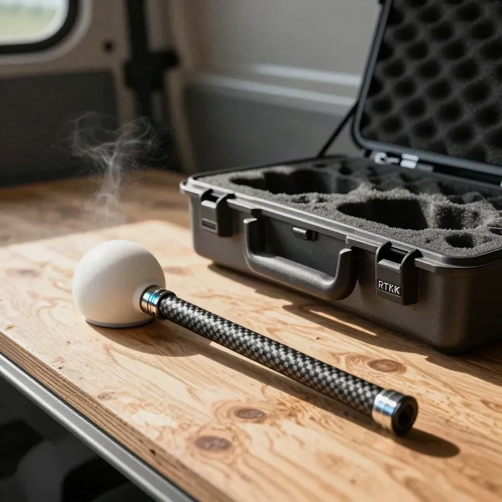 RTK antenna puck, survey pole segment, and open hard case on a dusty field deck