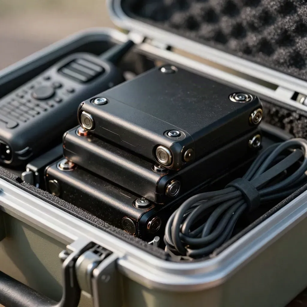 Charged drone batteries, compact radio and coiled cable on brushed aluminium in dramatic light.