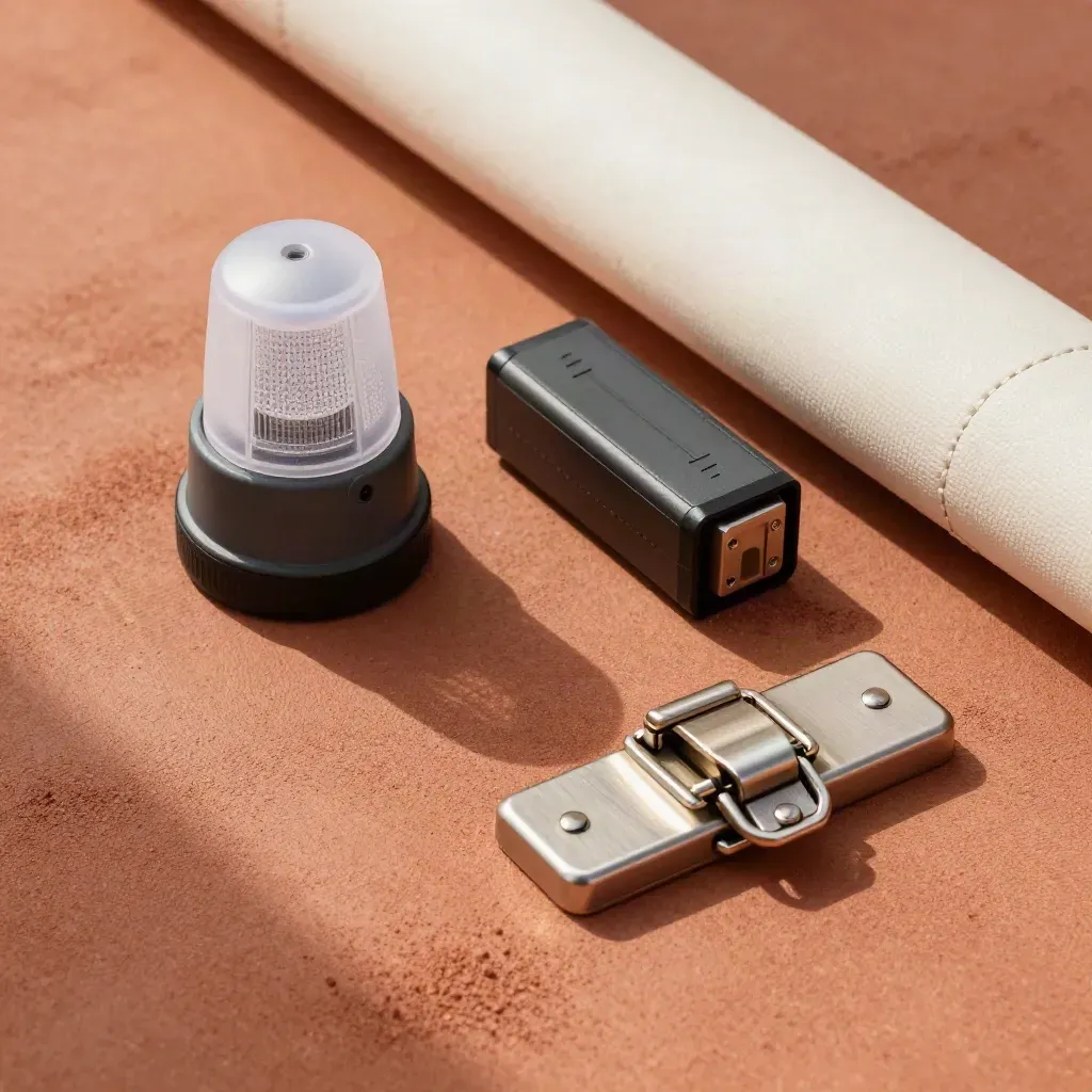 Top-down drone launch kit with field beacon, battery, landing pad roll and case latch on terracotta mat.