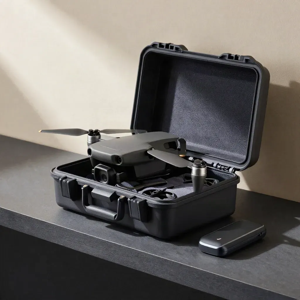 Drone beside open case, spare propellers, rolled landing pad and charging dock on a dark shelf.