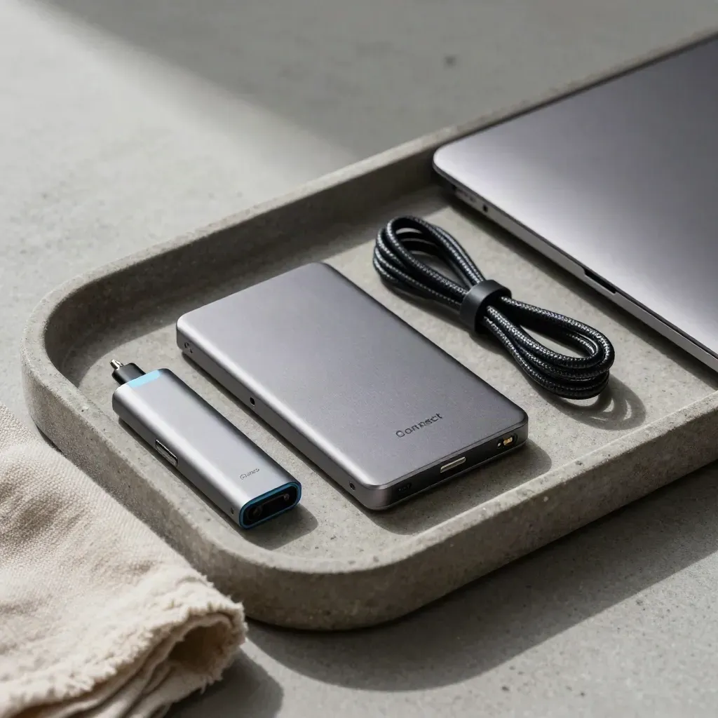 SSD file-delivery kit with card reader, coiled cable and closed laptop edge on a stone tray.