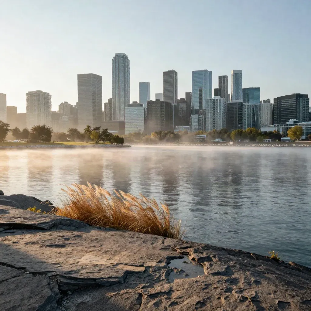 Toronto skyline above calm lake and parkland at dawn, haze lifting after rain.