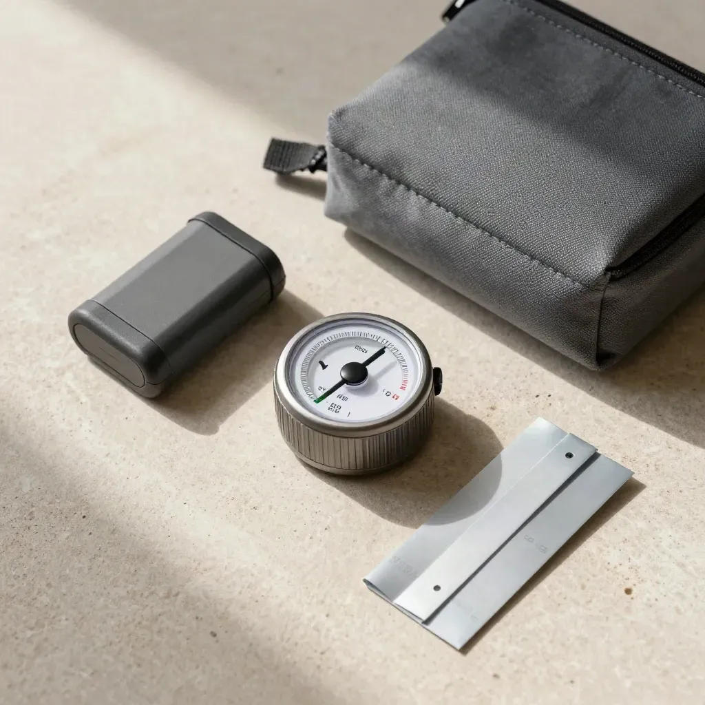 Overhead flatlay of weather meter, battery pack, gear pouch, and route markers on pale stone.