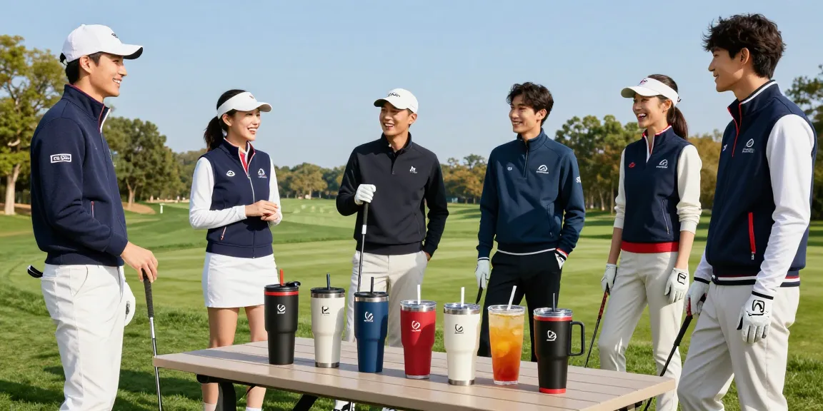 Group of friends in branded jackets enjoying a golf day with drinkware.