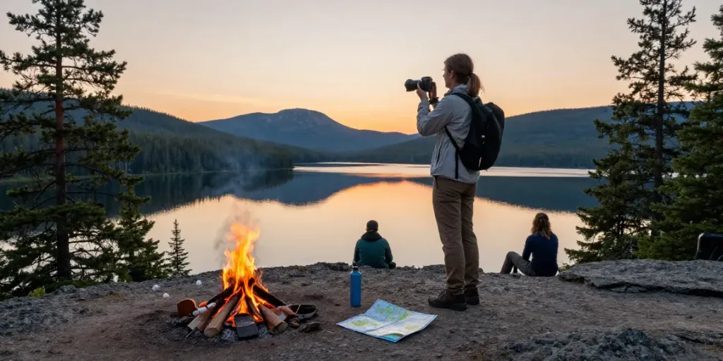 Northern Ontario travel adventure at sunset, traveler overlooking scenic lake.