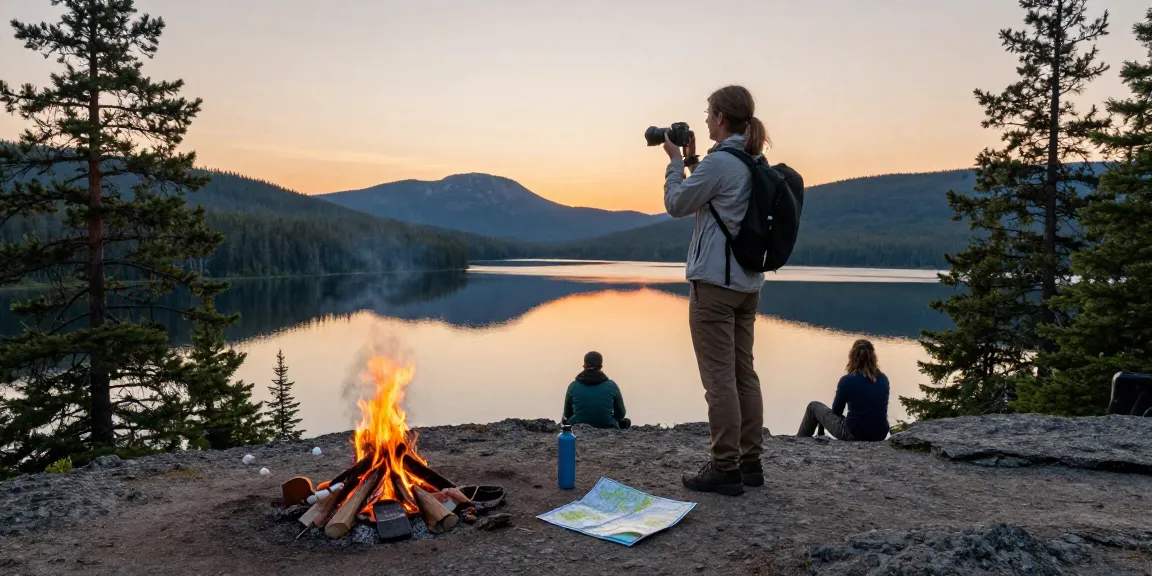 Northern Ontario travel adventure at sunset, traveler overlooking scenic lake.