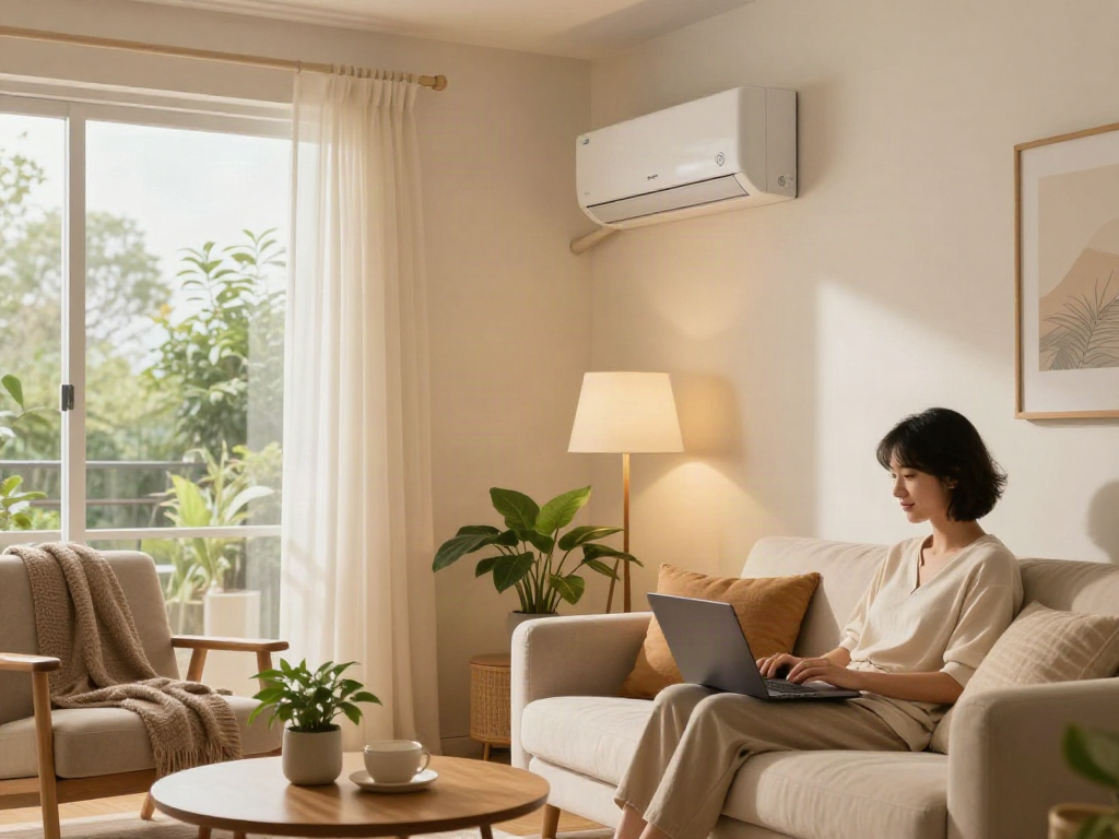 Inviting living room with a mini split air conditioner efficiently cooling the space.