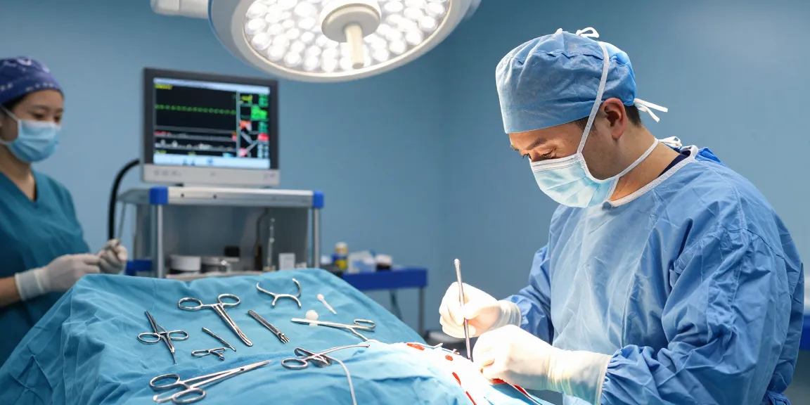 Suture kits arranged on an operating table with surgical instruments during a procedure.
