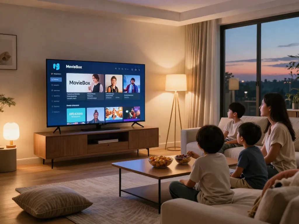 Family enjoying a movie night using the moviebox app on a smart TV in a cozy living room.