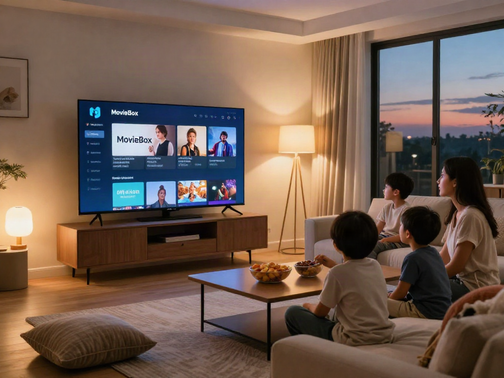 Family enjoying a movie night using the moviebox app on a smart TV in a cozy living room.