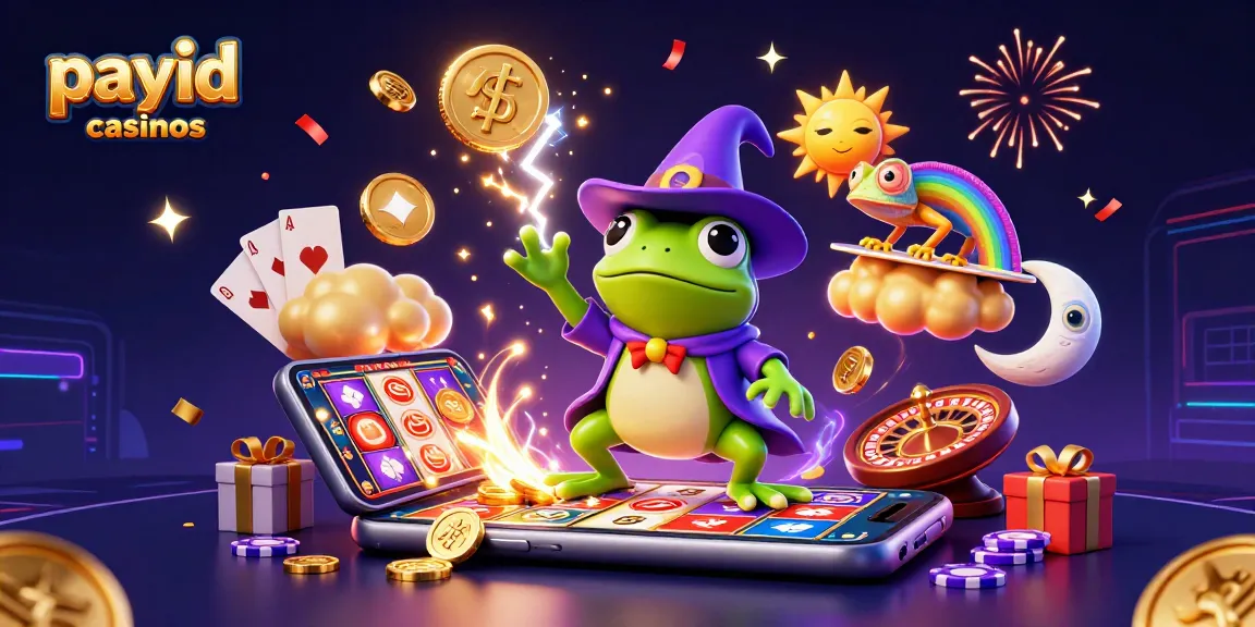 Engage with payid casinos featuring a wizard frog conjuring coins amidst vibrant slot games and dynamic celebration elements.